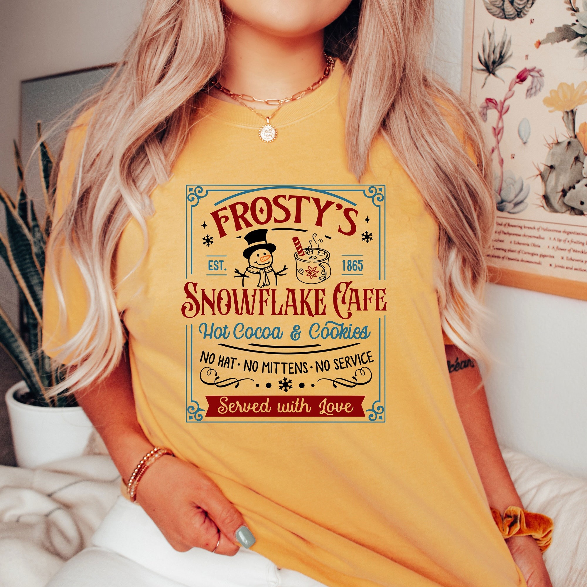 Comfort ColorsÂ® Frosty’s Snowflake Cafe Shirt, Christmas Vibes Shirt, Cute Christmas Tee, Hot Cocoa and Cookies Shirt, Christmas Spirit Tee