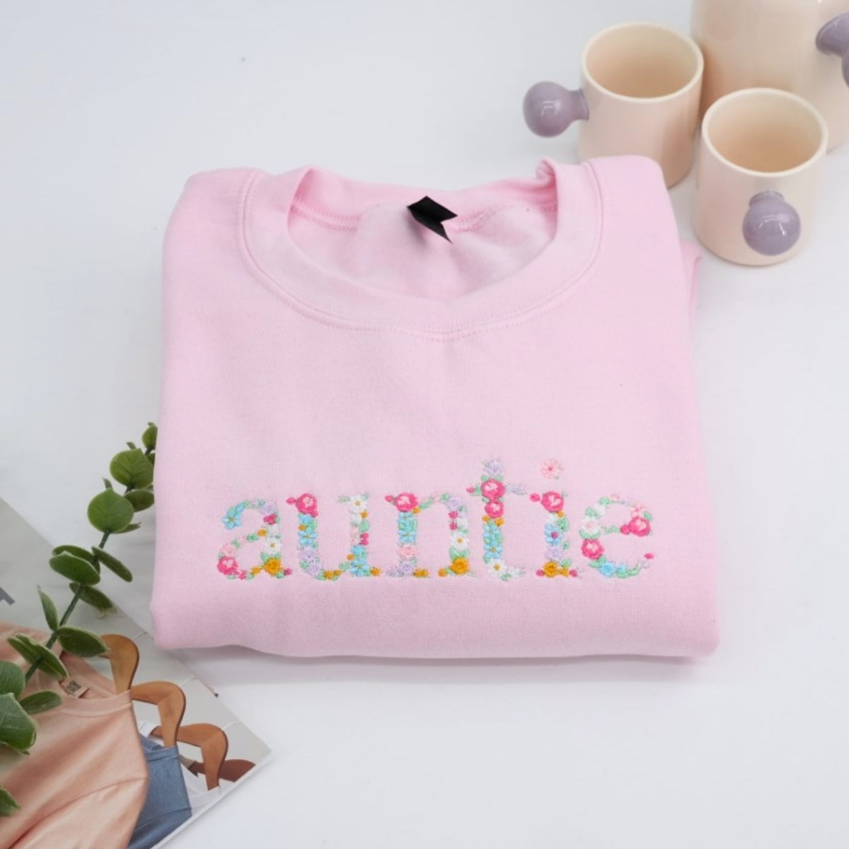 Custom Auntie Floral Embroidered Sweatshirt - Flower Letter Design Gift
