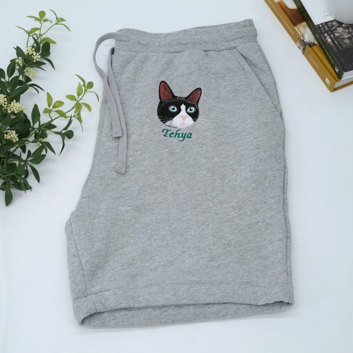 Personalized Cat Face Embroidered Shorts - Custom Cat Mom Dad Gift Apparel