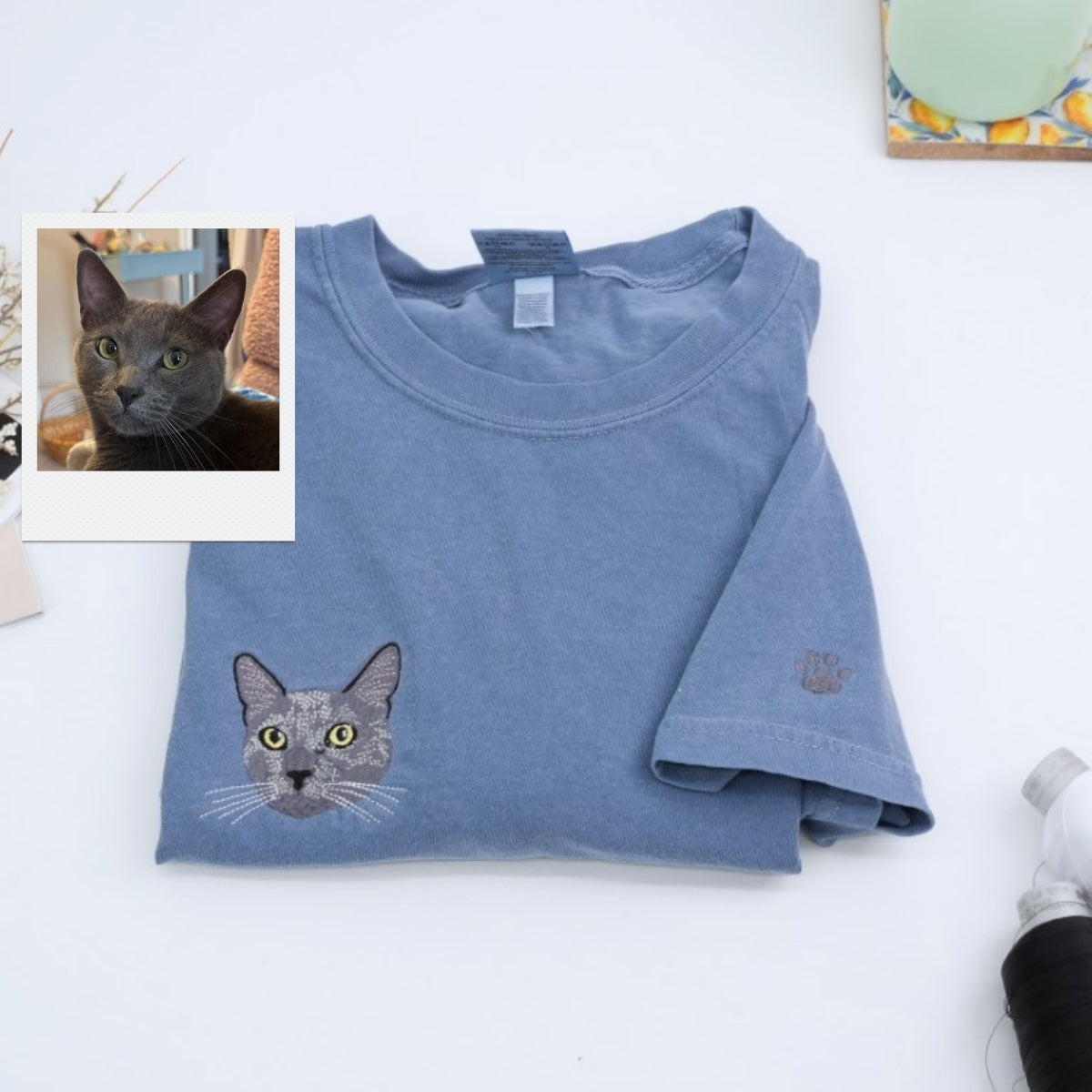 Custom Embroidered Cat Portrait Tee - Personalized Pet Photo Cat Mom Gift
