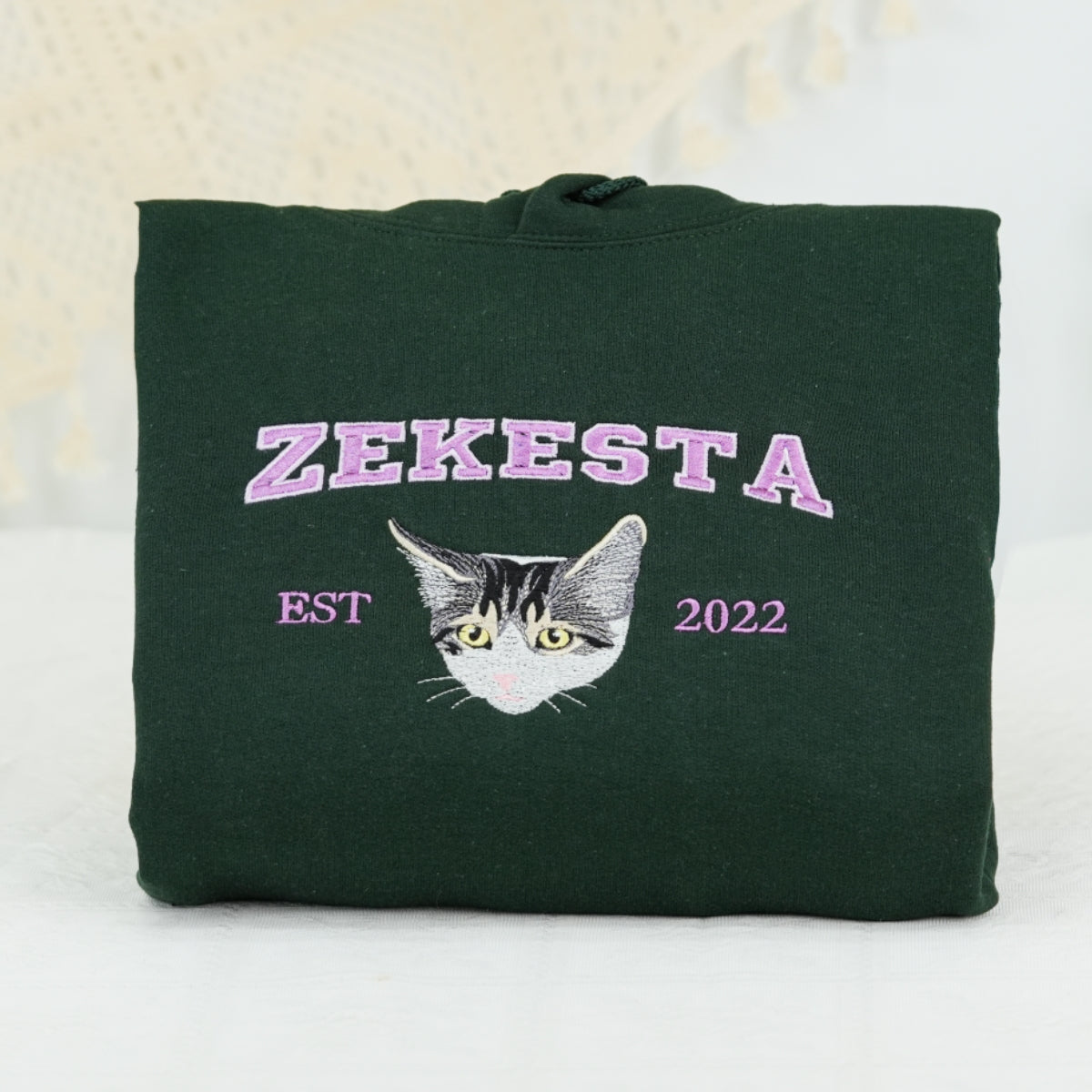 Personalized Cat Lover Hoodie - Custom Embroidered Pet Name Varsity Gift
