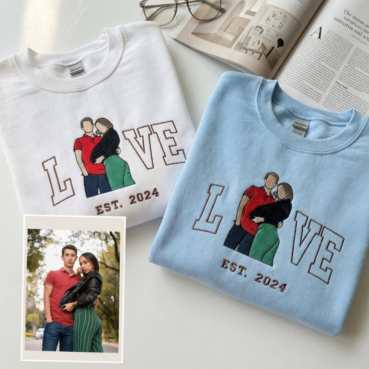 Custom Embroidered Couple Portrait Sweatshirt - Personalized Valentine's Day