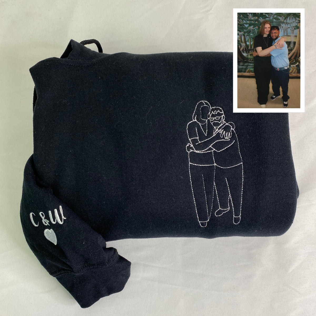 Custom Embroidered Couple Photo Hoodie - Personalized Portrait Unique Gift