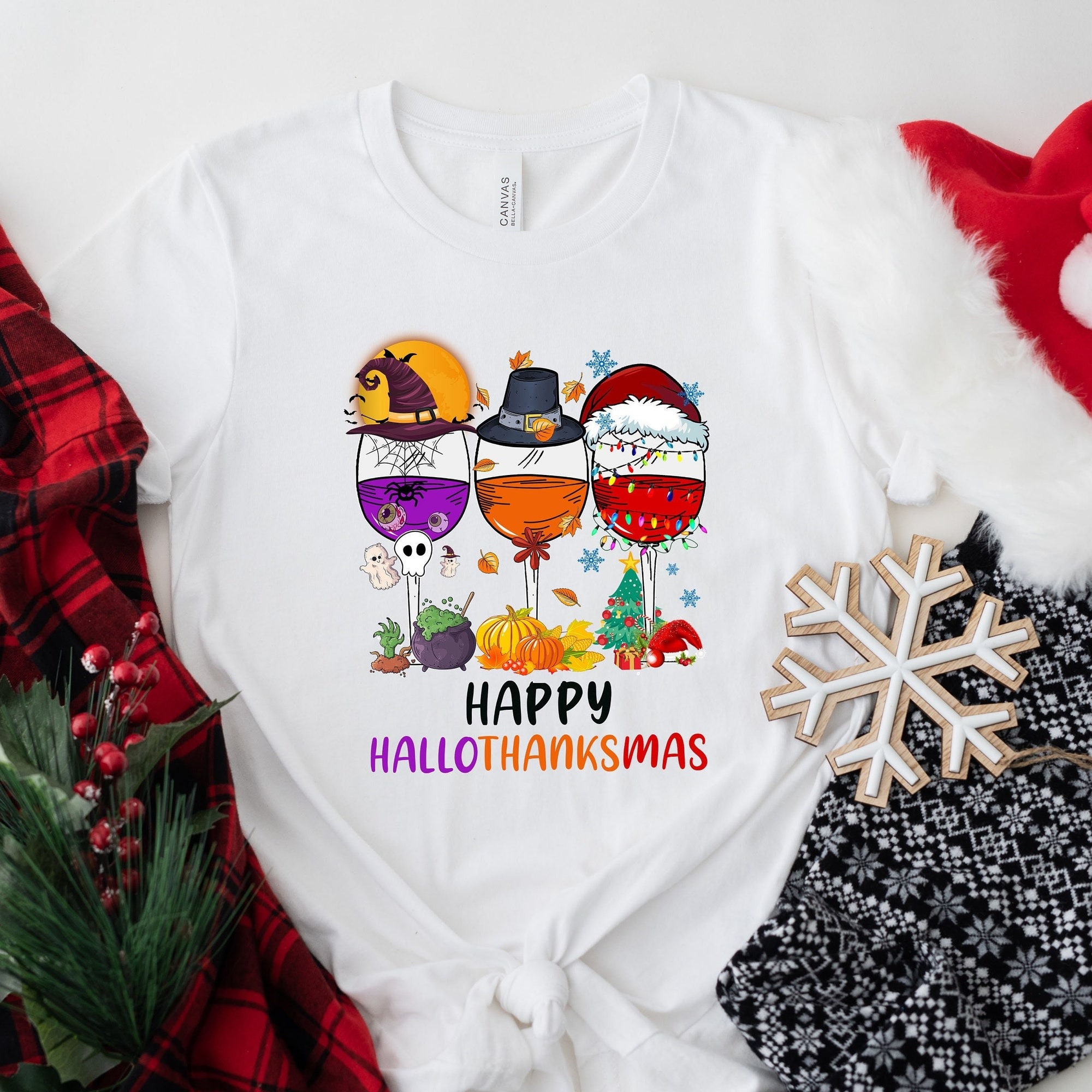 Happy HalloThanksMas Wine Shirt – Cute Drinking T-shirt – Funny Festival Tee – Women Christmas Shirt – Thanksgiving Tee – Halloween T-shirt