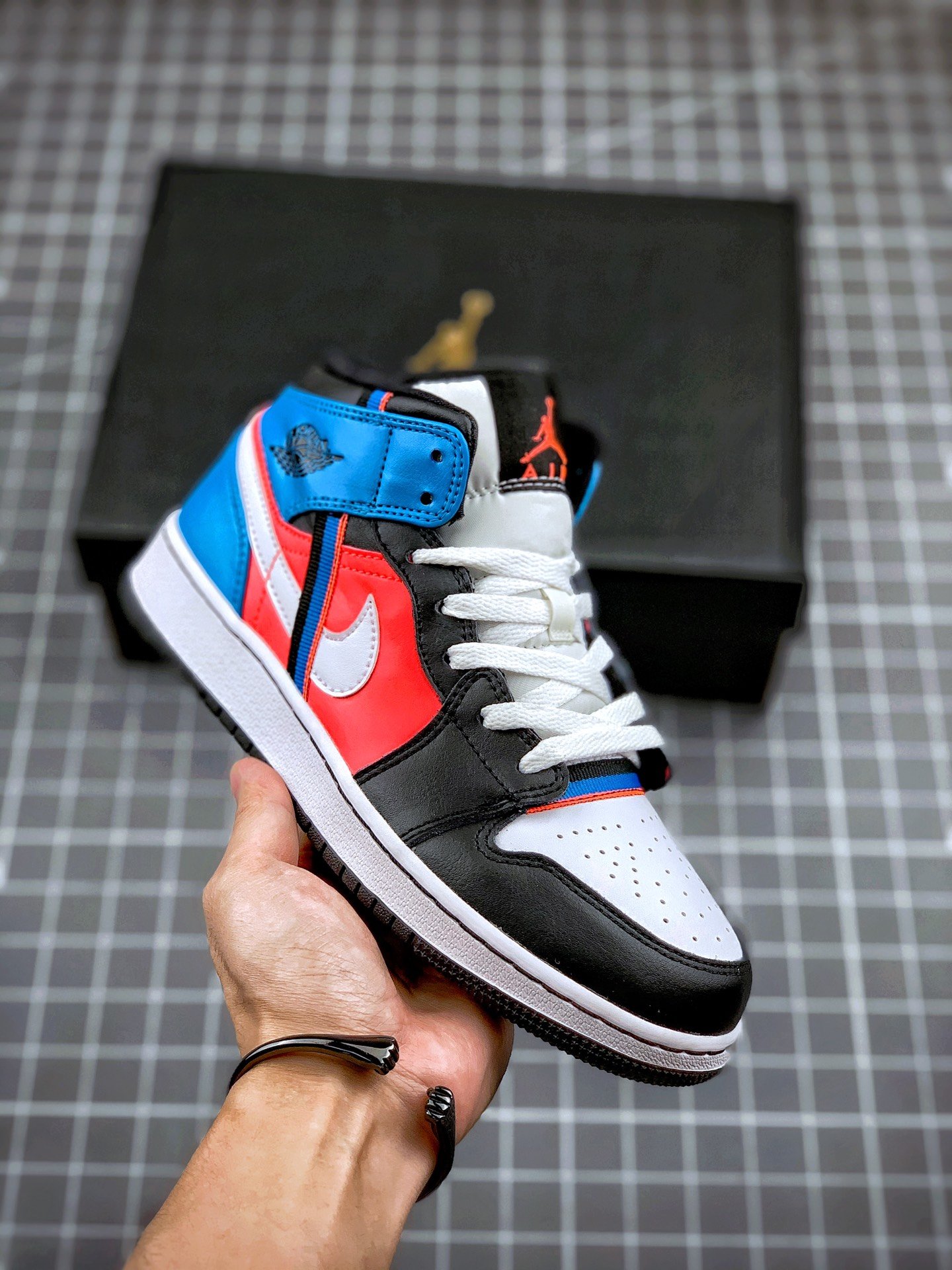 Air JD Jordan 1 Mid White Black Crimson Blue Shoes
