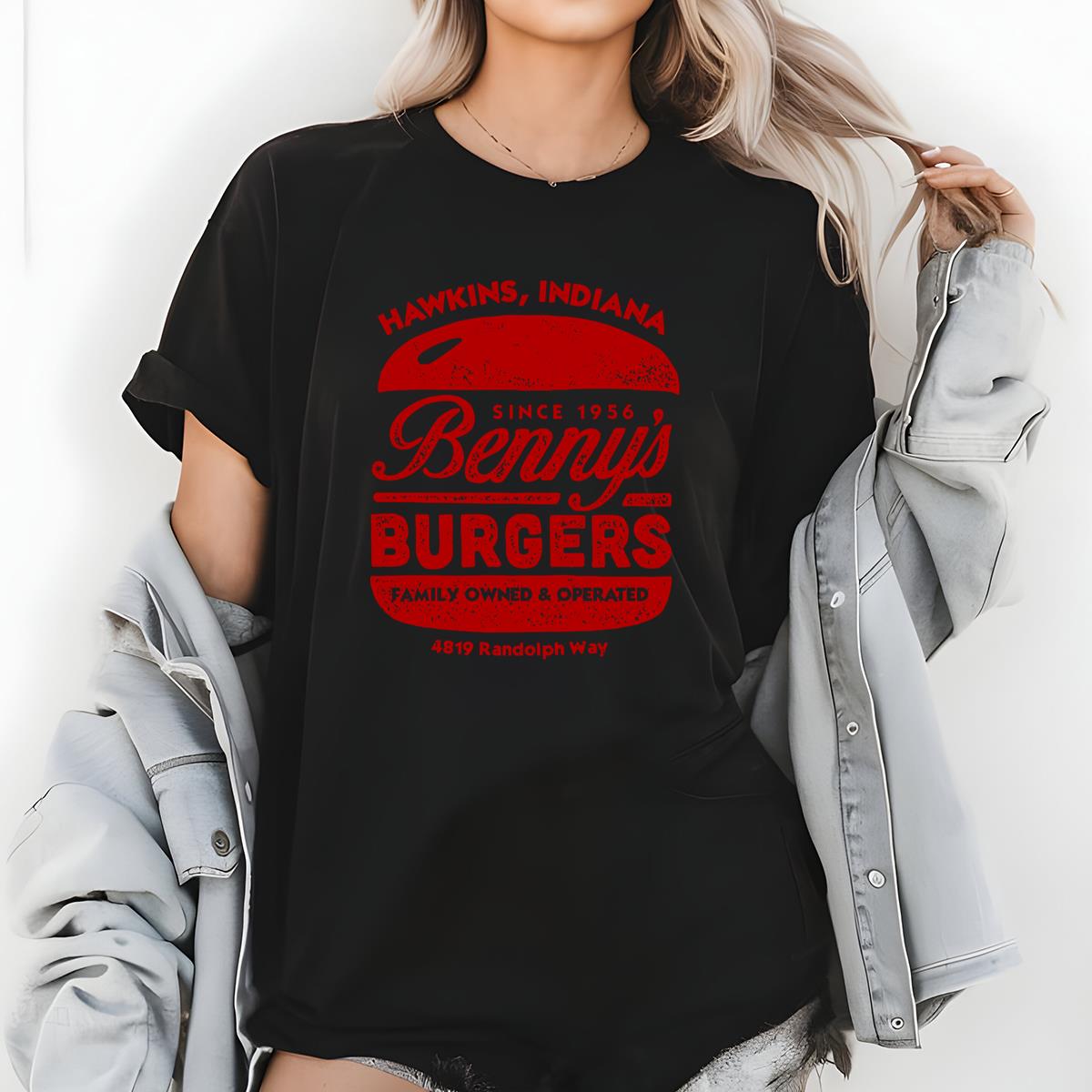 Benny's Burgers Hawkins Indiana Retro Style Graphic T-Shirt