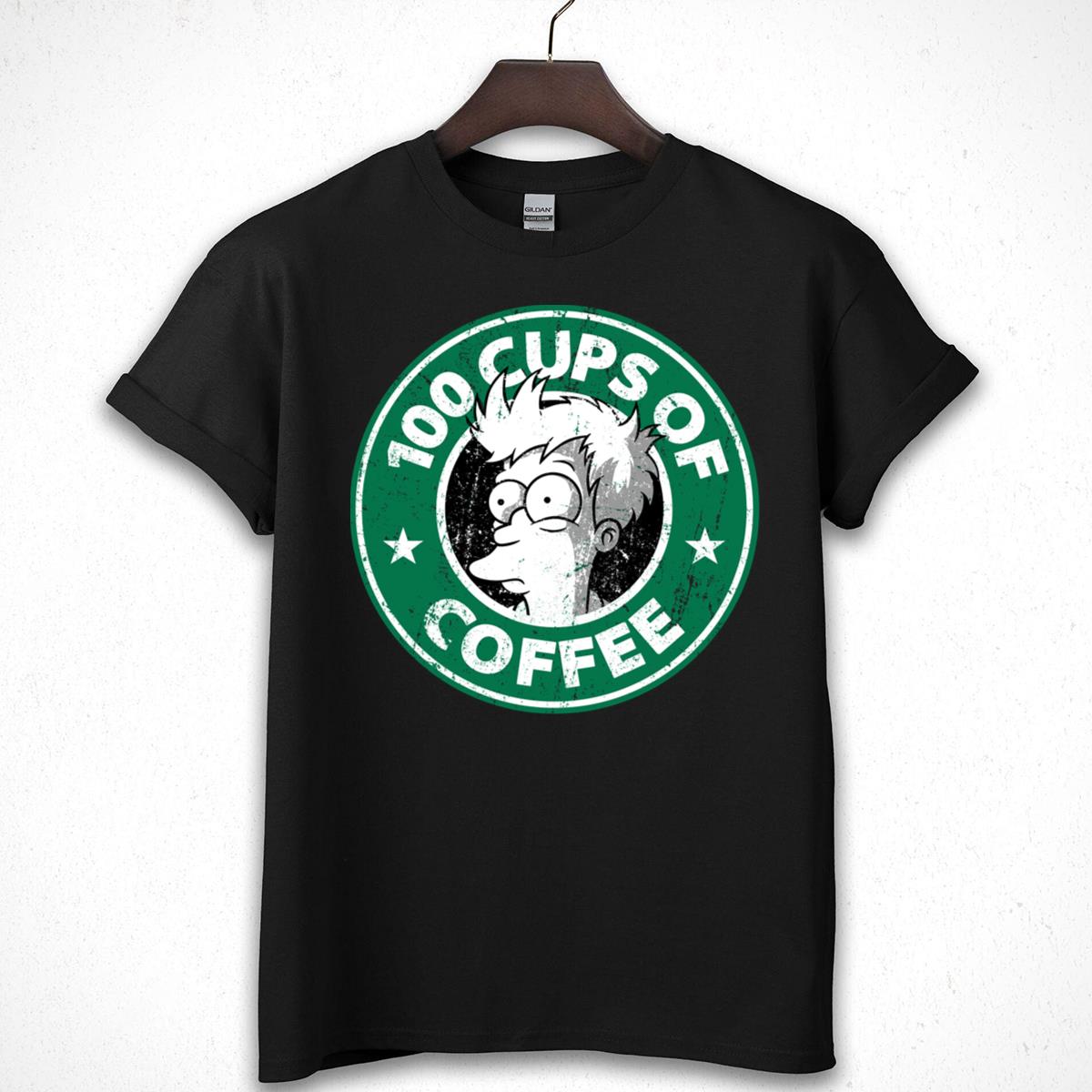 Cartoon Fry 100 Cups of Coffee Funny Graphic Tee