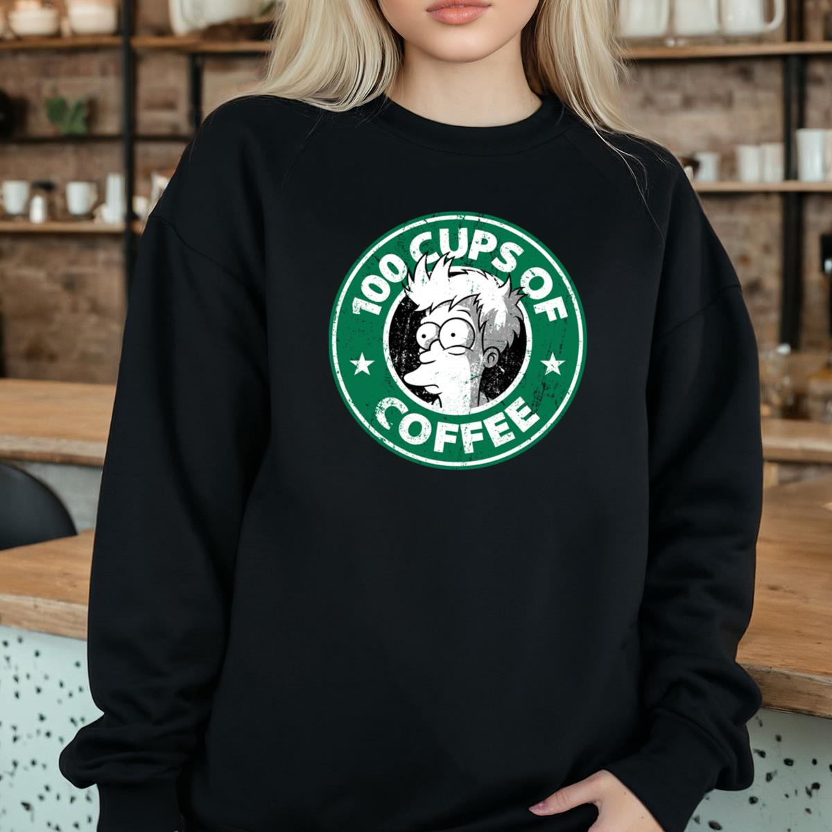 Cartoon Fry 100 Cups of Coffee Funny Graphic Tee