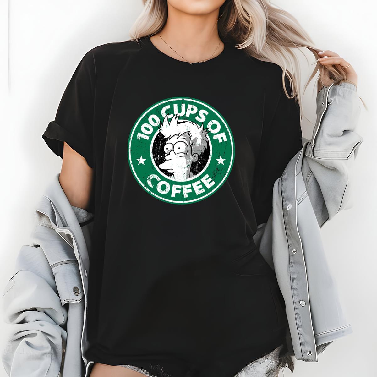 Cartoon Fry 100 Cups of Coffee Funny Graphic Tee