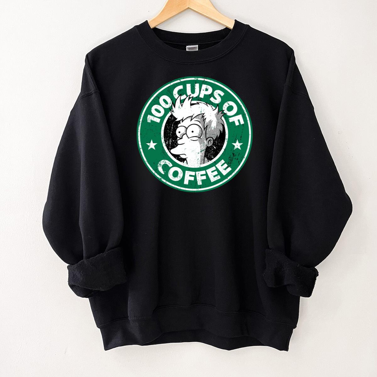 Cartoon Fry 100 Cups of Coffee Funny Graphic Tee