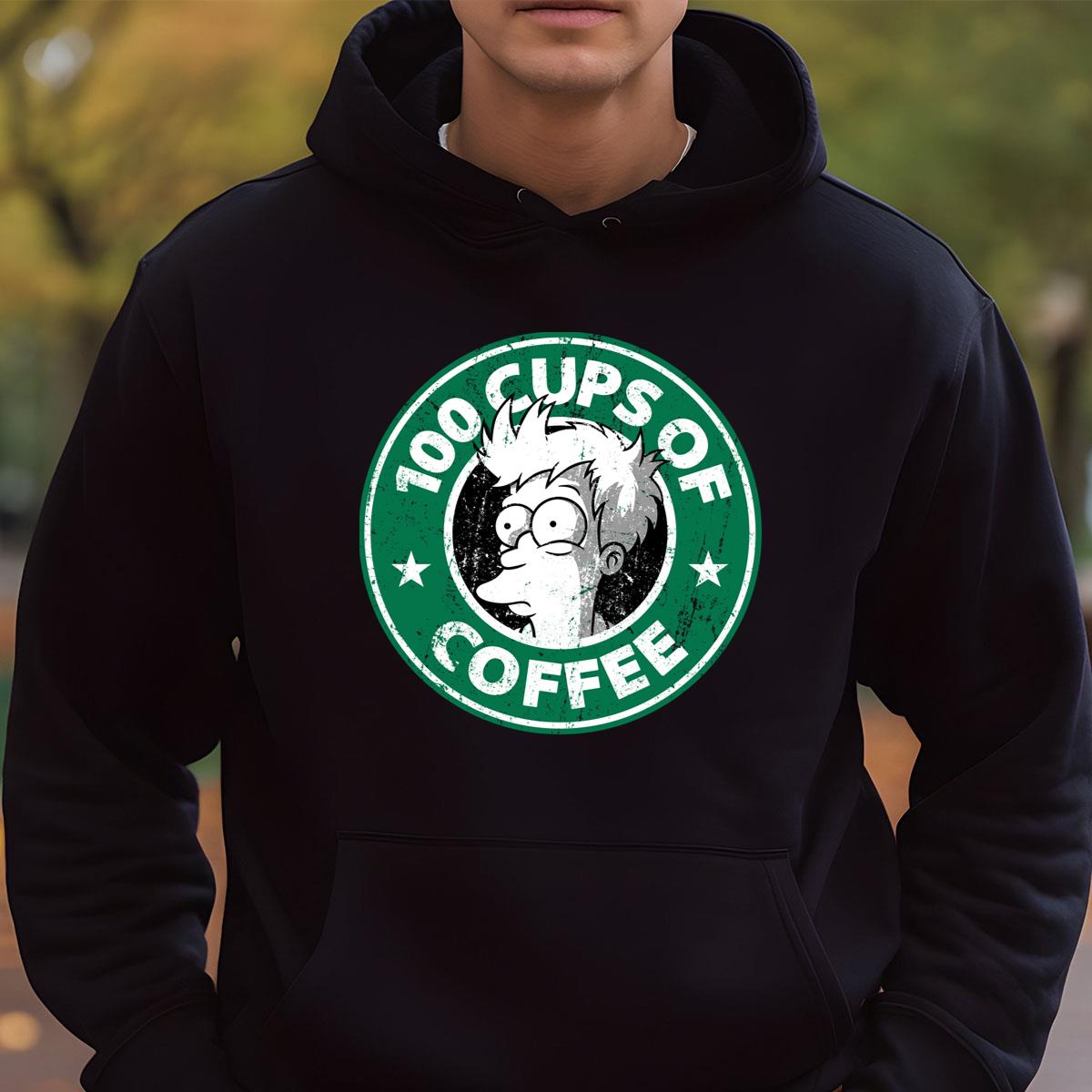 Cartoon Fry 100 Cups of Coffee Funny Graphic Tee