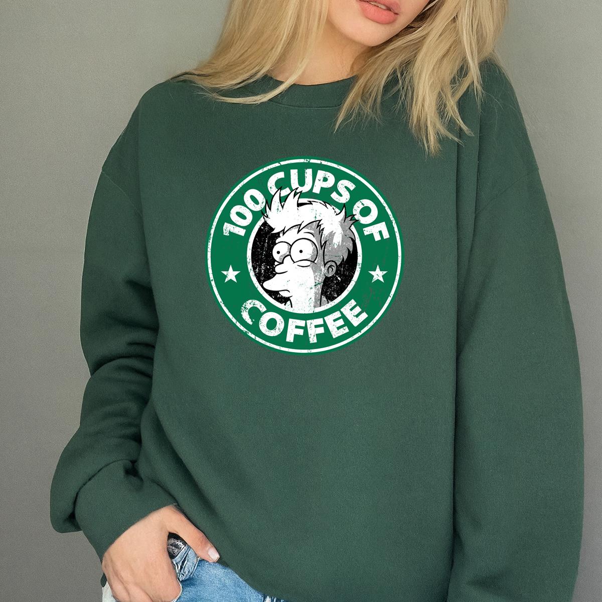 Cartoon Fry 100 Cups of Coffee Funny Graphic Tee