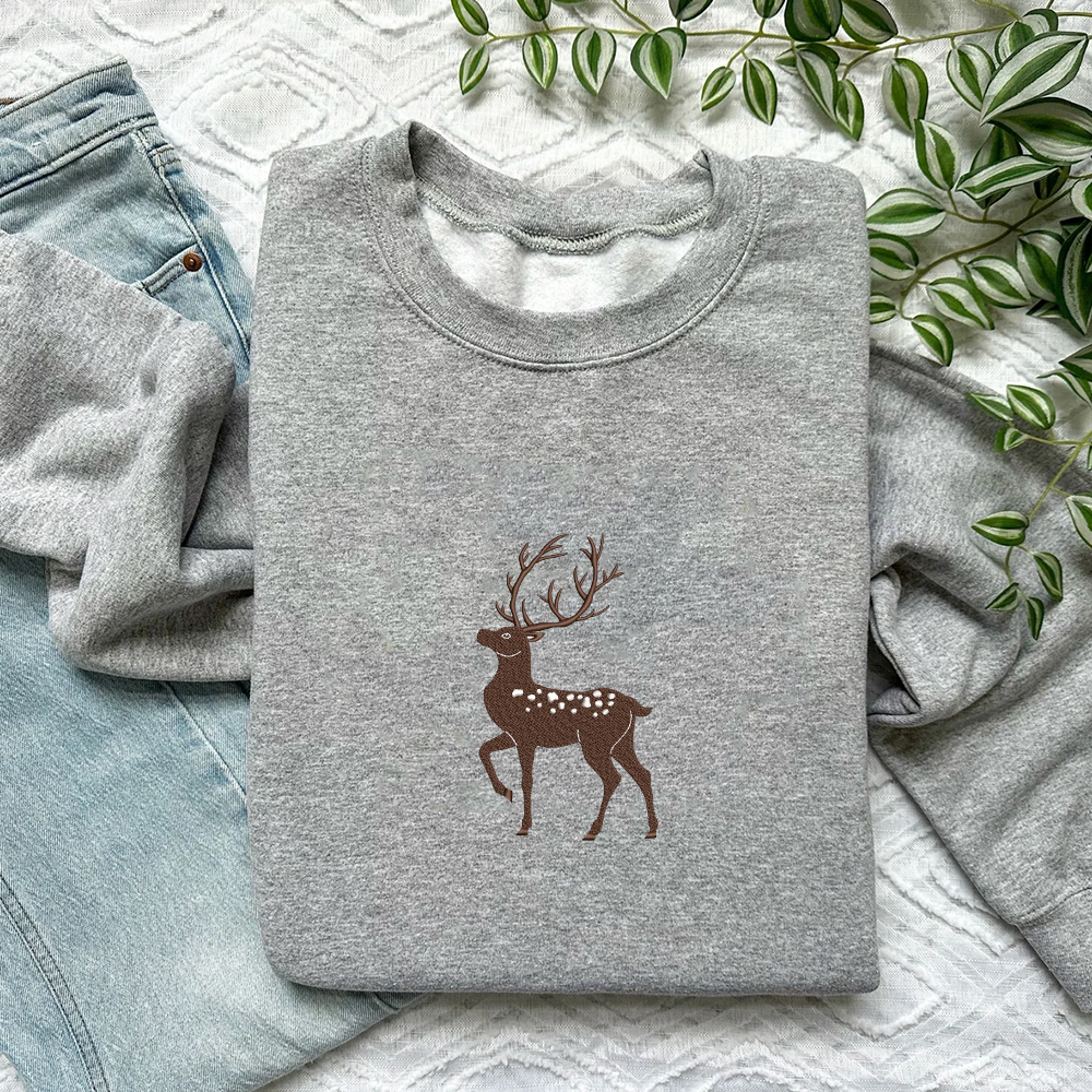 Christmas Deer Inspired Embroidered Crewneck Sweatshirt, Halloween Embroidered Shirt