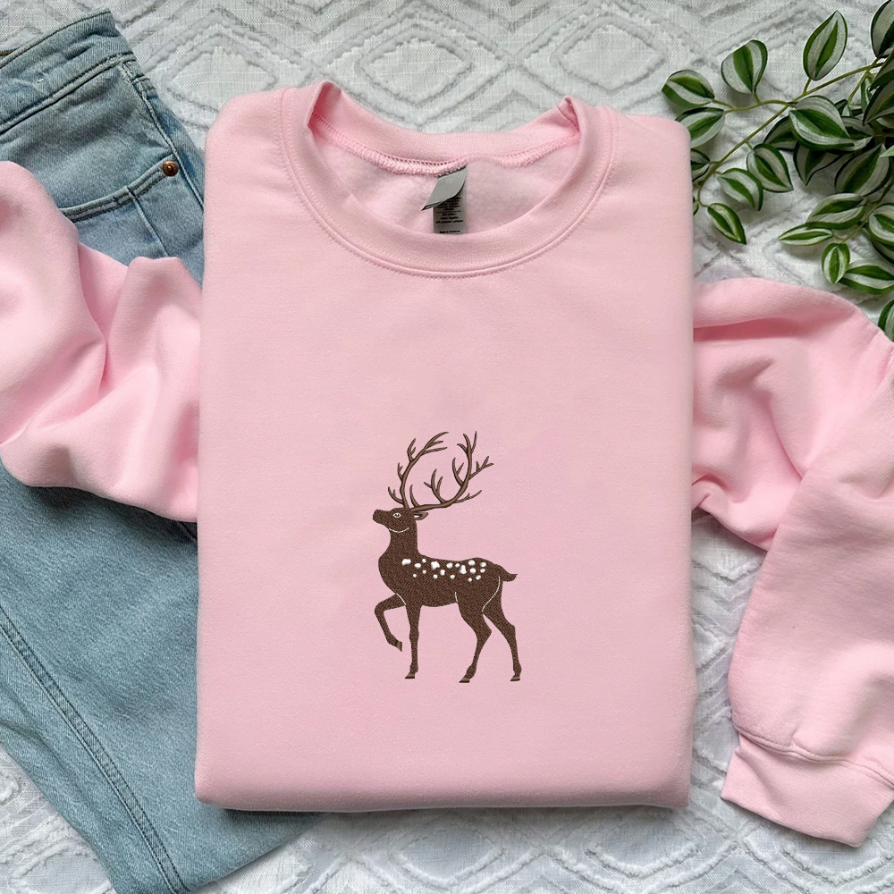 Christmas Deer Inspired Embroidered Crewneck Sweatshirt, Halloween Embroidered Shirt