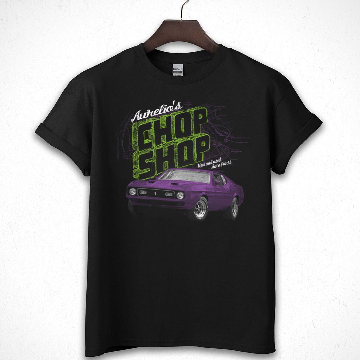 Classic Mustang Chop Shop Graphic T-Shirt - Vintage Car Tee