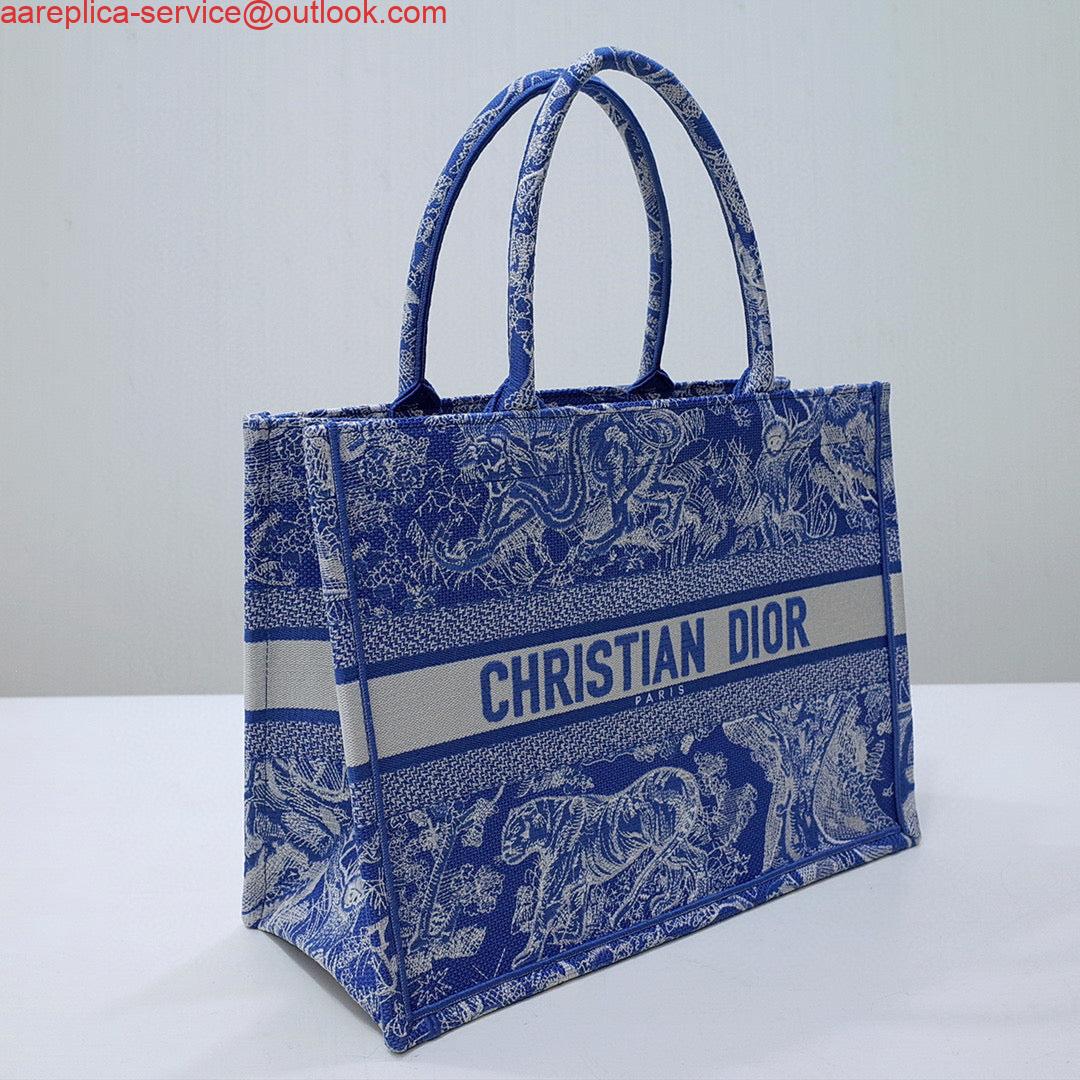 Dior M1296 Book Tote Medium Neon Blue Toile De Jouy Reverse Embroidery
