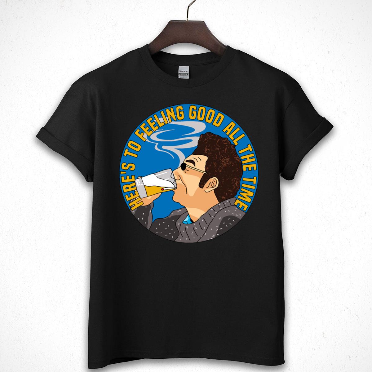 Funny Man Drinking Beer Cartoon Graphic Tee - Here's to Feeling Good All the Time!