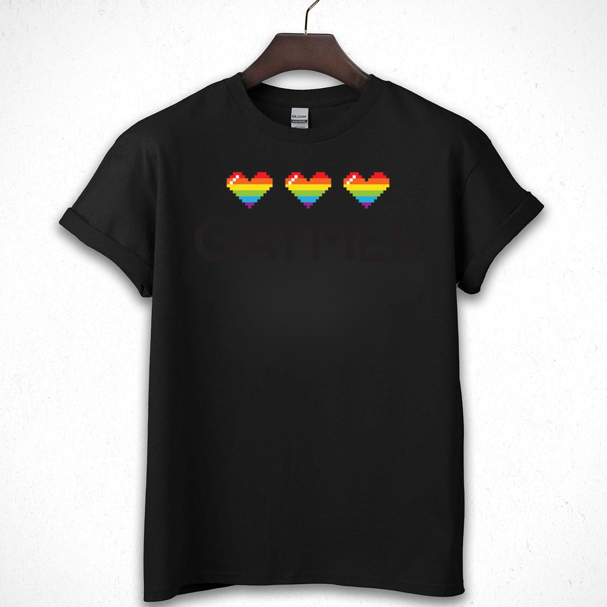 Gaymer Pixel Rainbow Hearts Pride LGBT Gamer Graphic T-Shirt