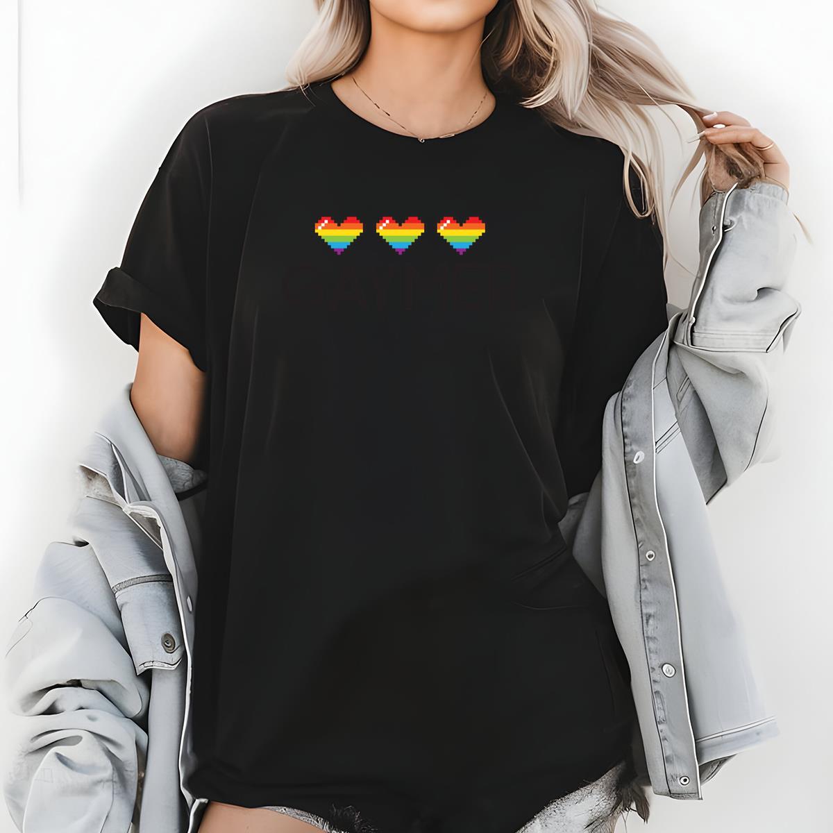 Gaymer Pixel Rainbow Hearts Pride LGBT Gamer Graphic T-Shirt