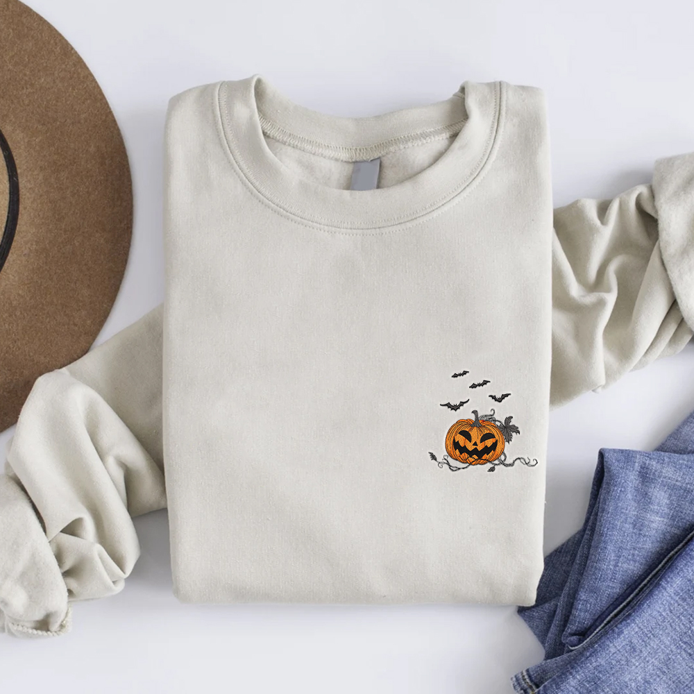Halloween Pumpkin Pocket Inspired Embroidered Crewneck Sweatshirt, Halloween Embroidered Shirt