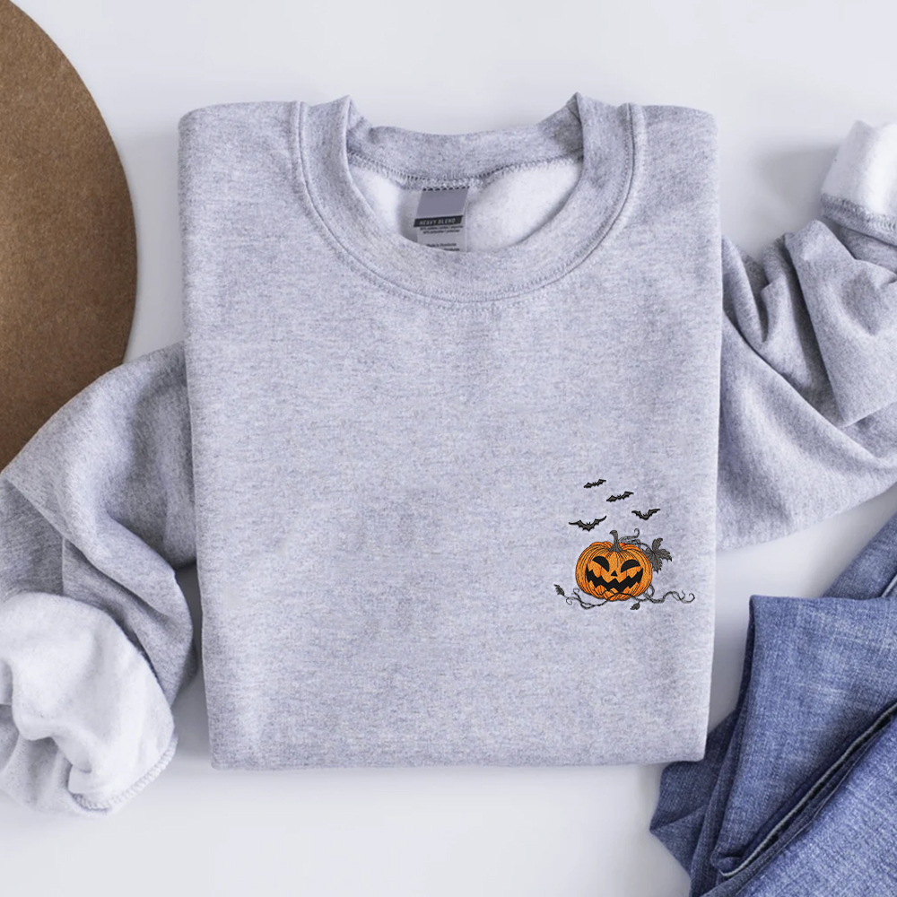 Halloween Pumpkin Pocket Inspired Embroidered Crewneck Sweatshirt, Halloween Embroidered Shirt
