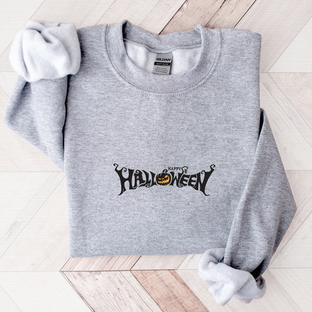 Happy Halloween Pumpkin Inspired Embroidered Crewneck Sweatshirt, Halloween Embroidered Shirt