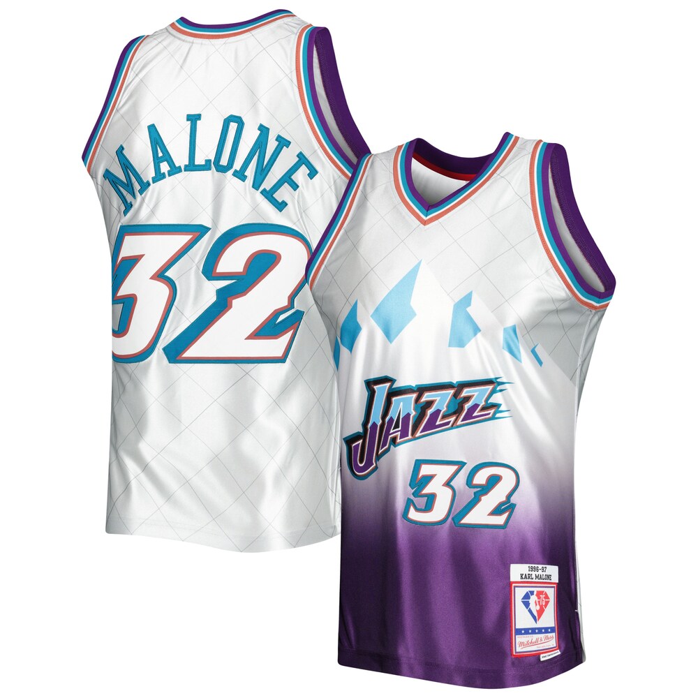 Karl Malone Utah Jazz Mitchell & Ness 1996/97 Hardwood Classics 75th Anniversary Swingman Jersey - Platinum