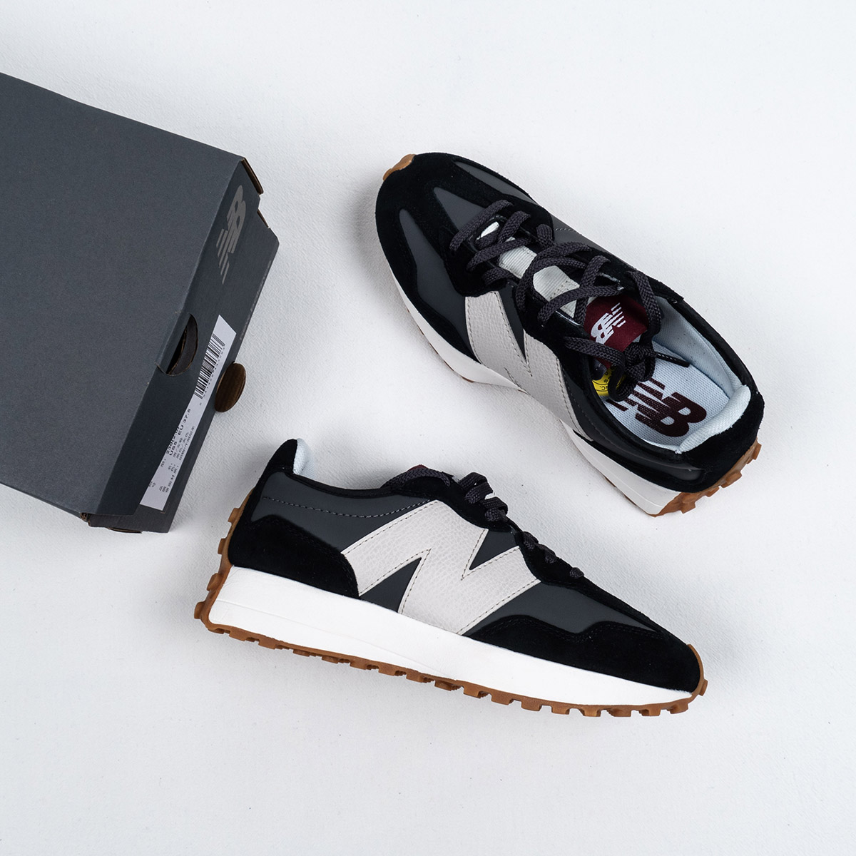New Balance 327 Black Grey White Gum Shoes