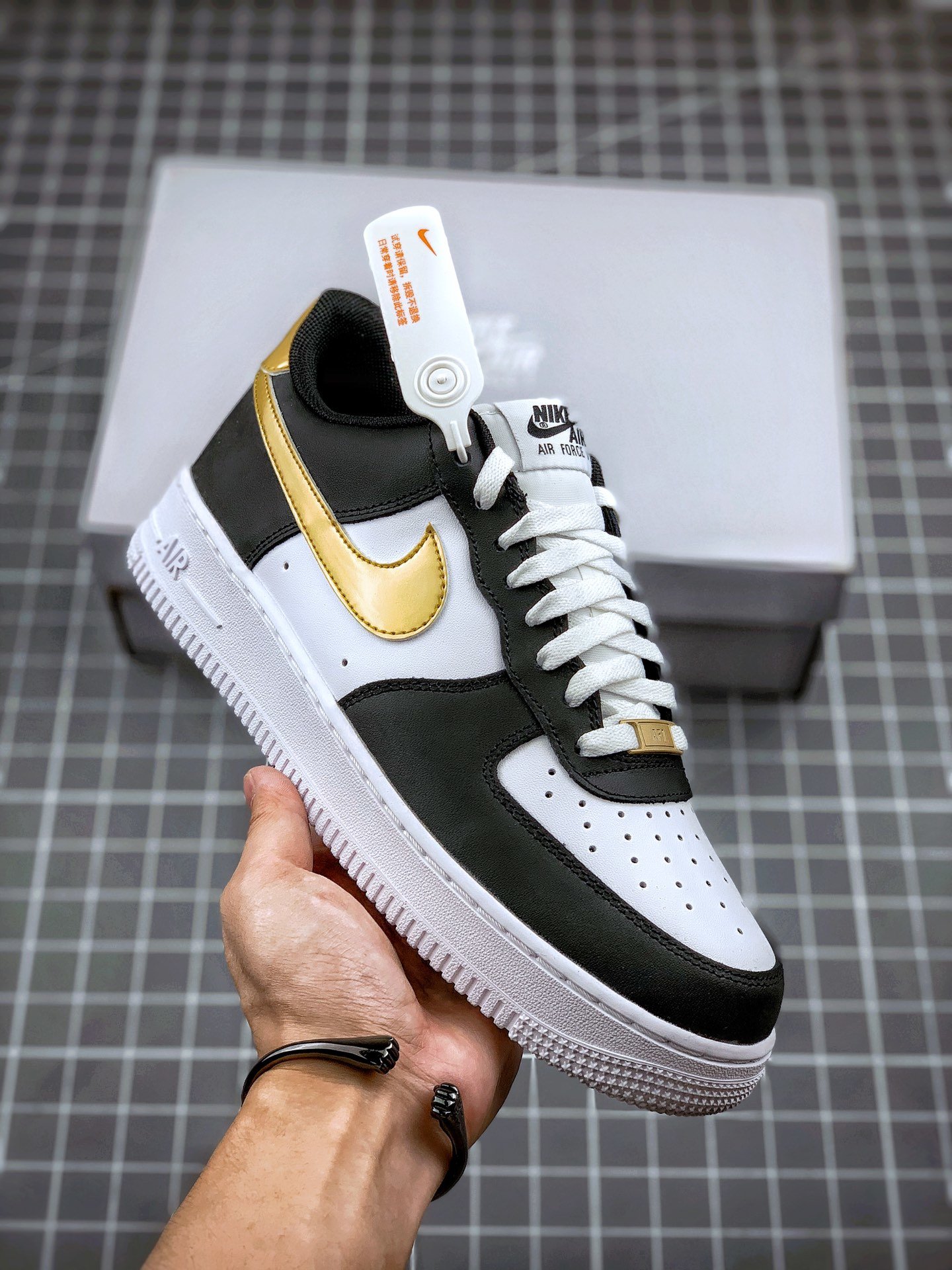 Nike Air AF Force 1 Low Black White Metallic Gold Shoes