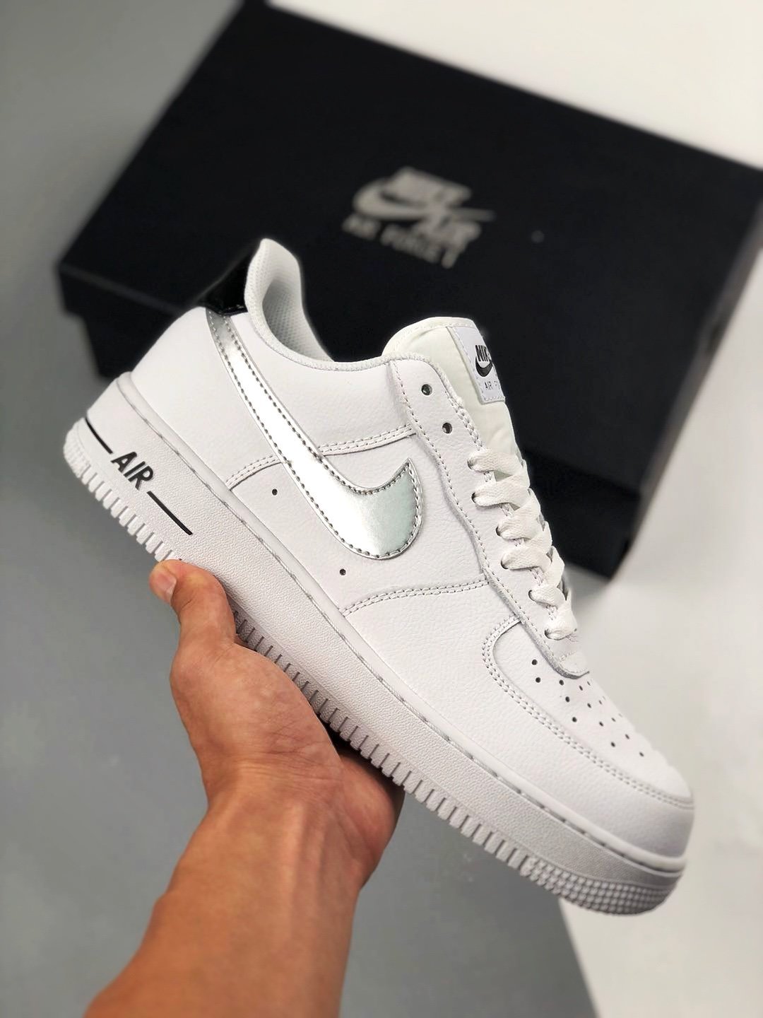 Nike Air AF Force 1 Low White Black Metallic Silver Shoes