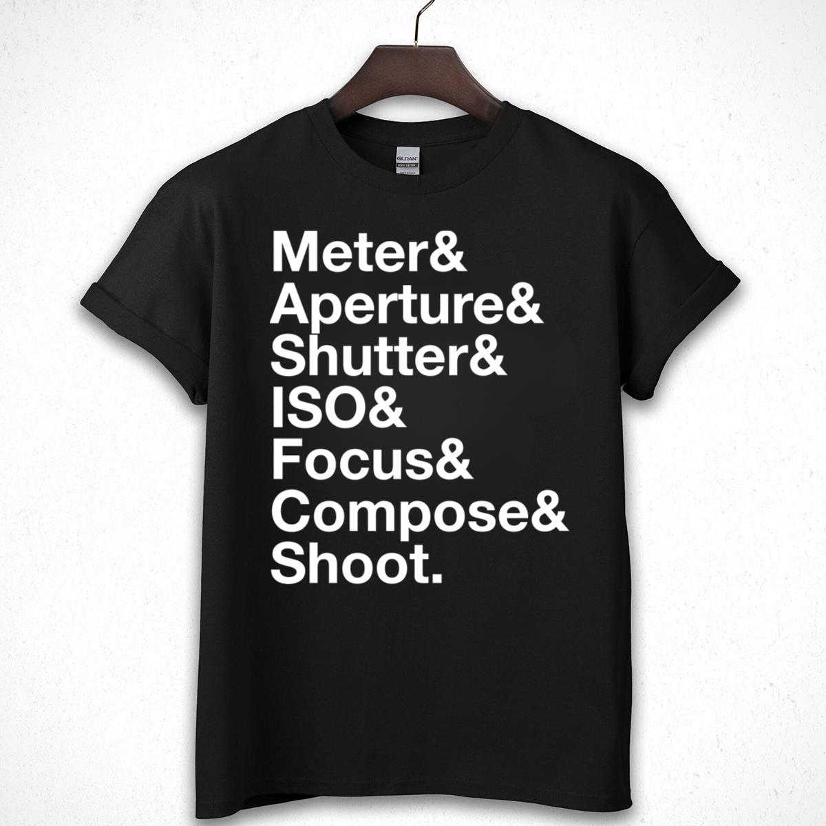 Photography Terms Graphic Tee - Meter, Aperture, Shutter, ISO, Focus, Compose & Shoot T-Shirt