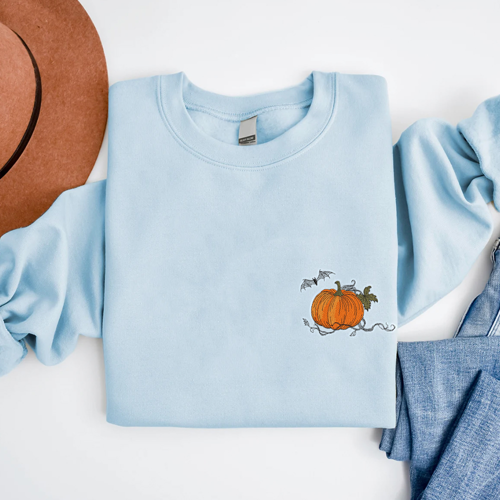 Pumpkin Web Pocket Inspired Embroidered Crewneck Sweatshirt, Halloween Embroidered Shirt