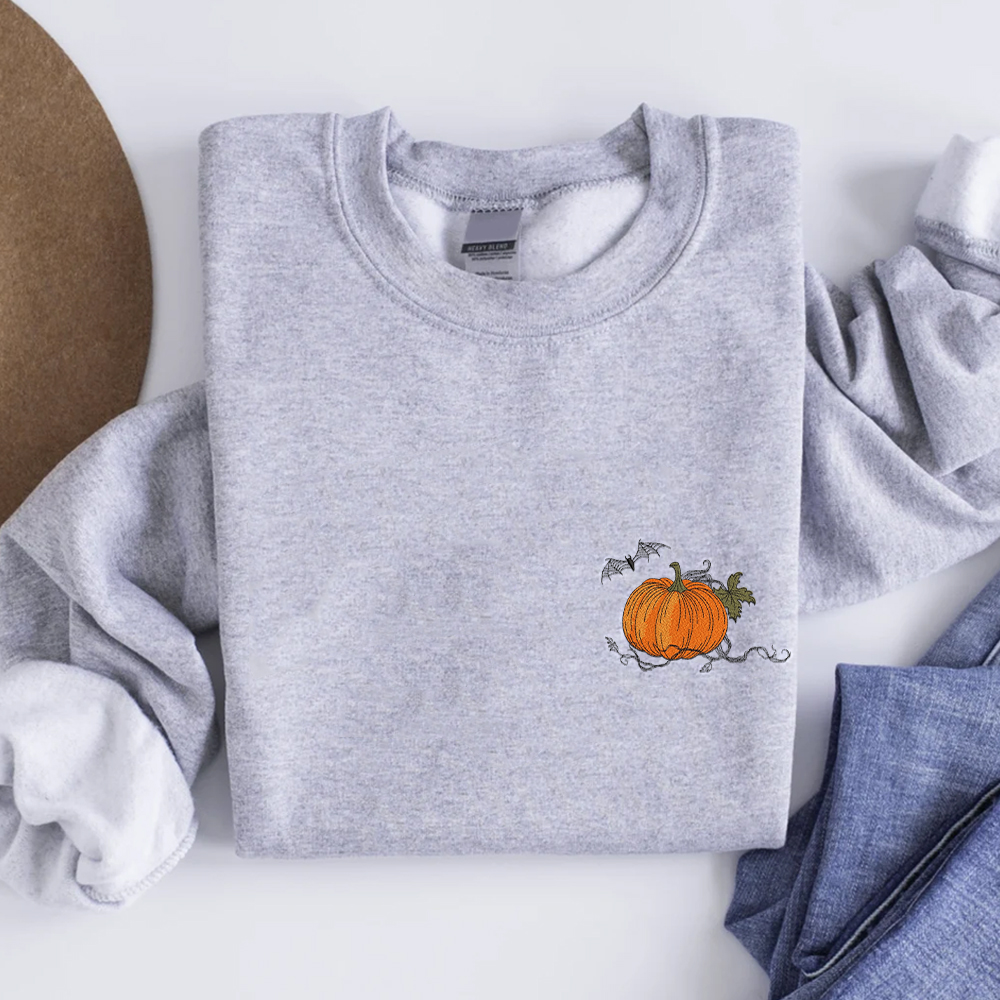 Pumpkin Web Pocket Inspired Embroidered Crewneck Sweatshirt, Halloween Embroidered Shirt