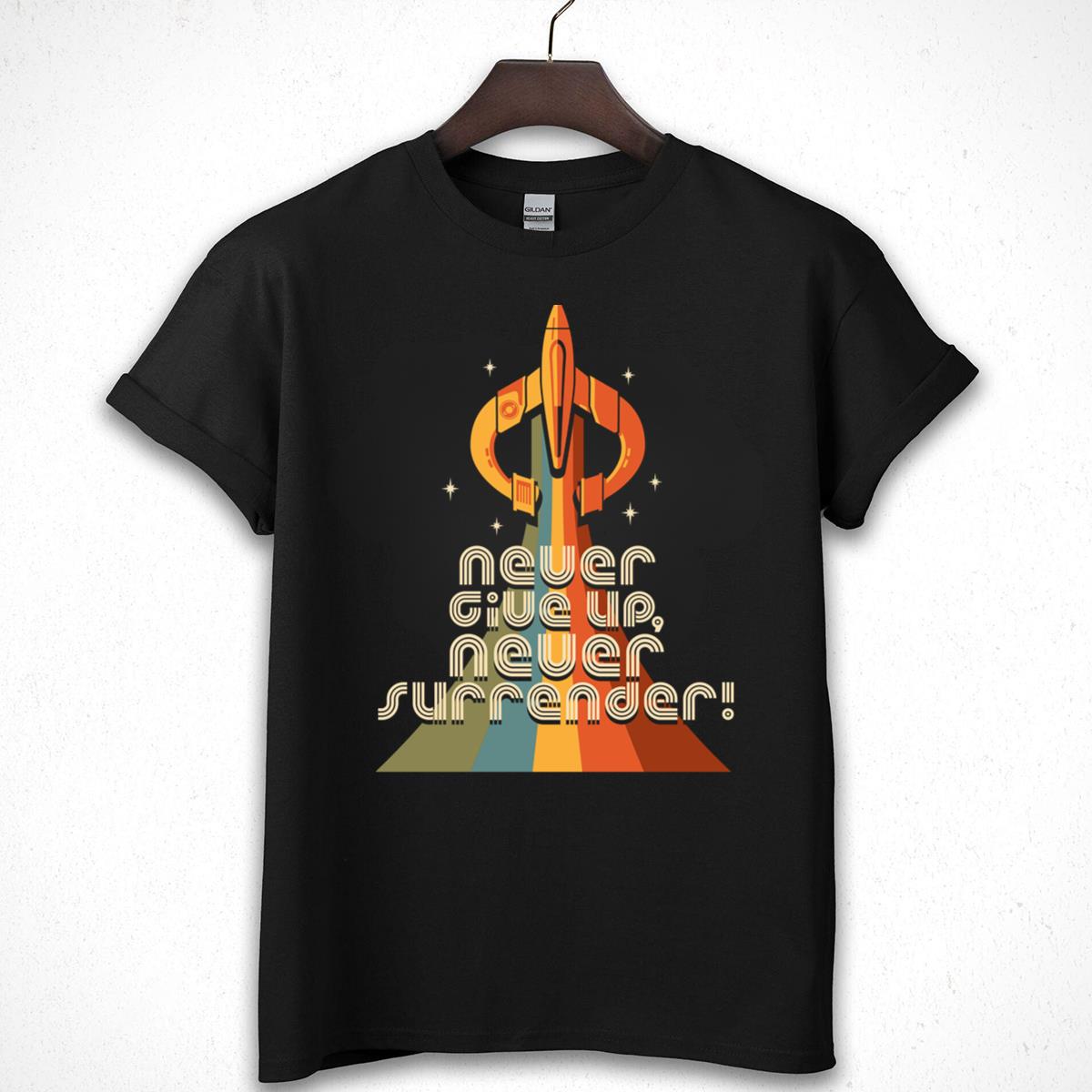 Retro Spaceship Rocket Never Give Up Quote Graphic T-Shirt