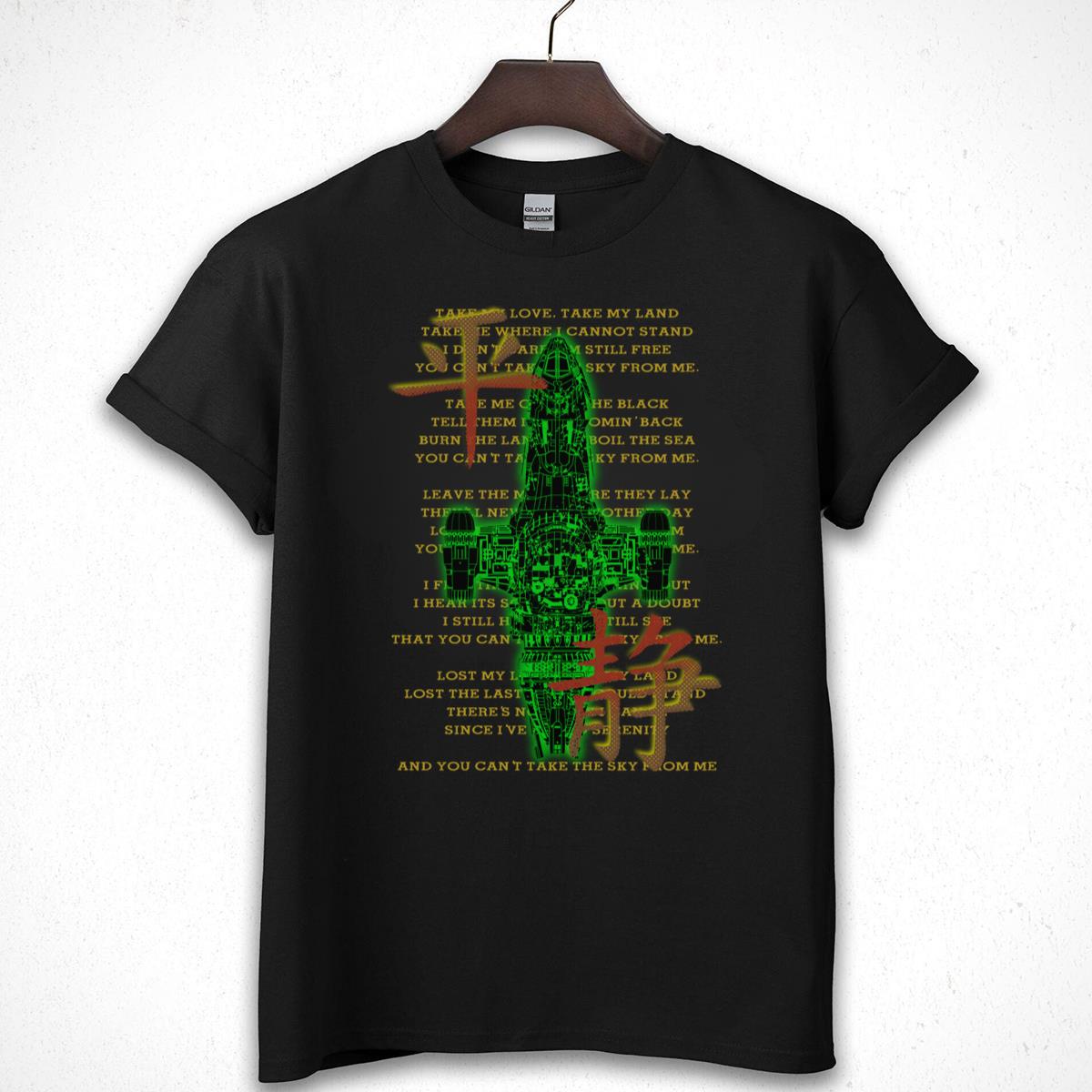 Serenity Spaceship Blueprint Graphic T-Shirt with Chinese Character Design