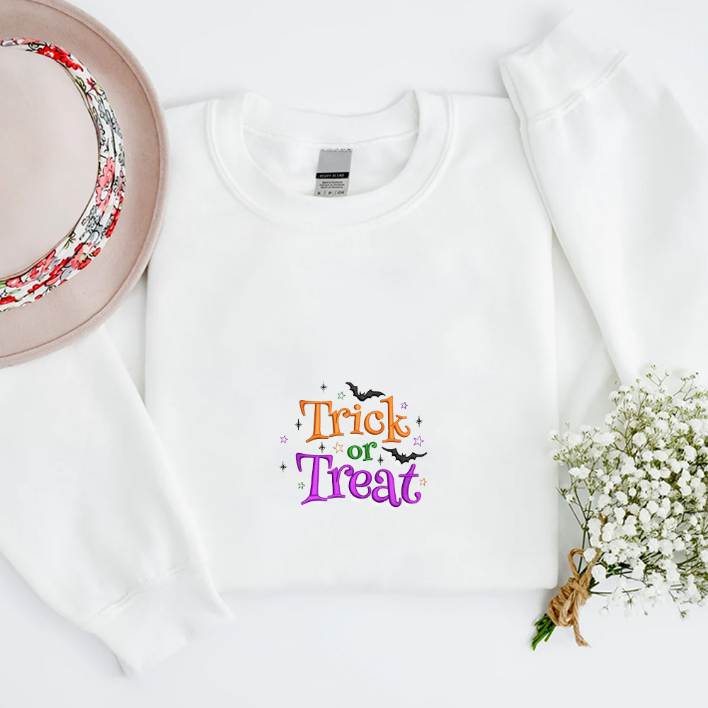 Trick or Treat Inspired Embroidered Crewneck Sweatshirt, Halloween Embroidered Shirt